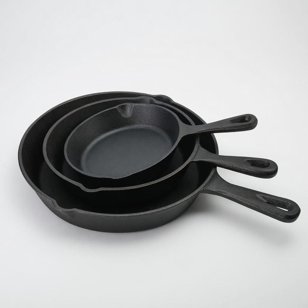 SAINT LAWRENCE 3-Piece Raw Cast Iron Skillet Set - 16cm, 20cm & 25cm Pre-Seasoned Uncoated Non-stick Frying Pans