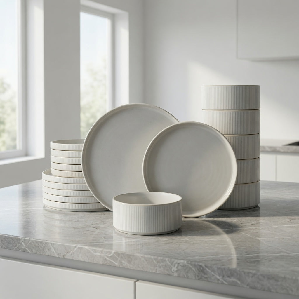 SAINT LAWRENCE 18-Piece Non-toxic Ceramic Dinnerware Set - Ribbed Vintage Style