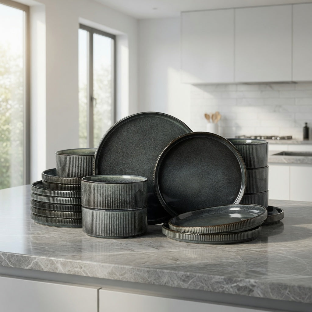 SAINT LAWRENCE 18-Piece Non-toxic Ceramic Dinnerware Set - Ribbed Vintage Style