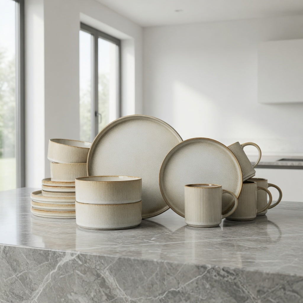 SAINT LAWRENCE 16-Piece Non-toxic Ceramic Dinnerware Set - Ribbed Vintage Style