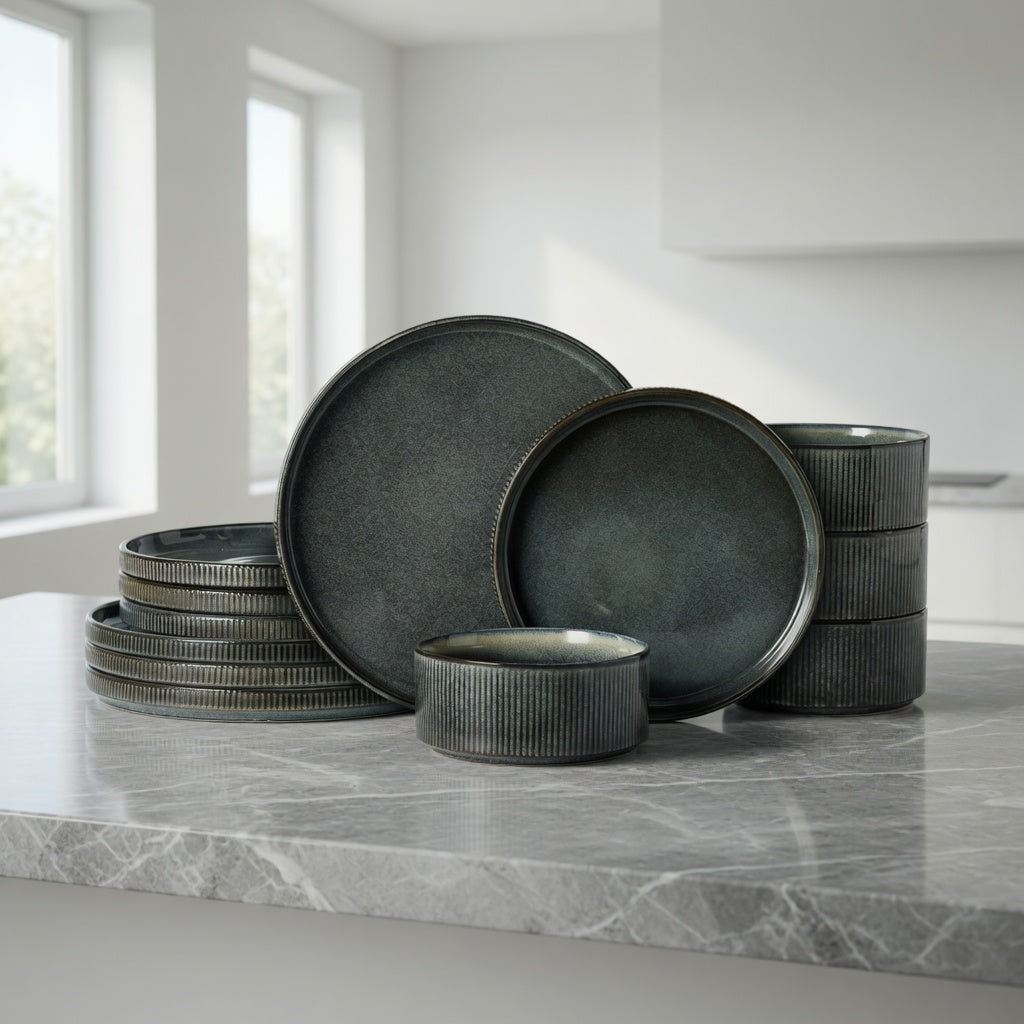 SAINT LAWRENCE 12-Piece Non-toxic Ceramic Dinnerware Set - Ribbed Vintage Style