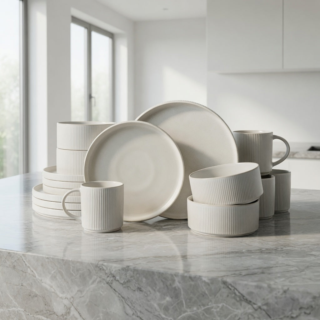 SAINT LAWRENCE 16-Piece Non-toxic Ceramic Dinnerware Set - Ribbed Vintage Style