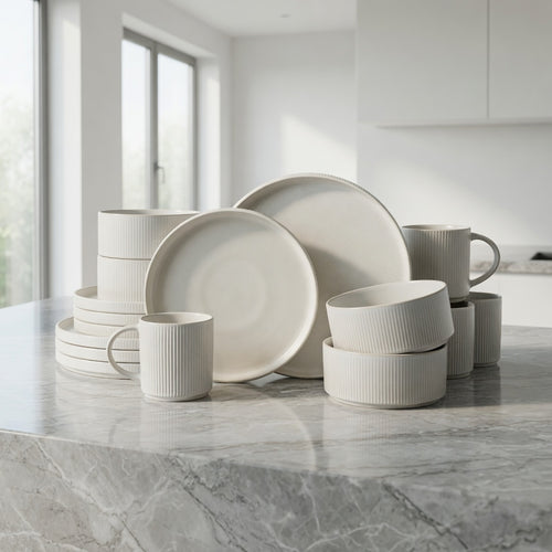 SAINT LAWRENCE 16-Piece Non-toxic Ceramic Dinnerware Set - Ribbed Vintage Style