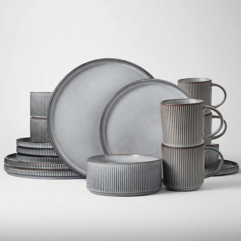 SAINT LAWRENCE 16-Piece Non-toxic Ceramic Dinnerware Set - Ribbed Vintage Style