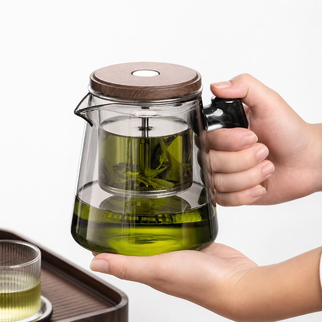 SAINT LAWRENCE Traditional Borosilicate Glass Teapot with Infuser, 650ml Tea Press with Walnut Handle
