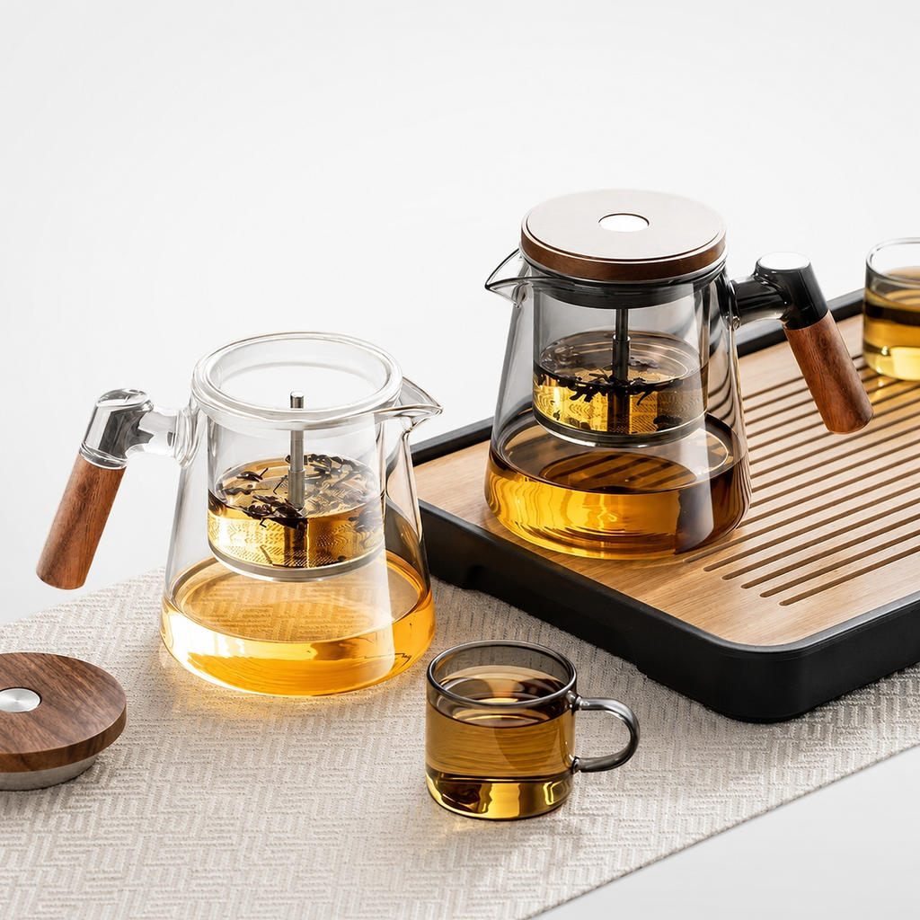 SAINT LAWRENCE Traditional Borosilicate Glass Teapot with Infuser, 650ml Tea Press with Walnut Handle