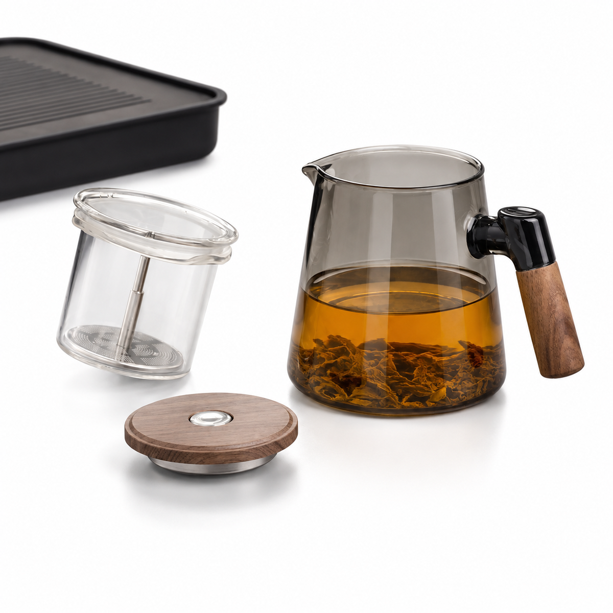 SAINT LAWRENCE Traditional Borosilicate Glass Teapot with Infuser, 650ml Tea Press with Walnut Handle