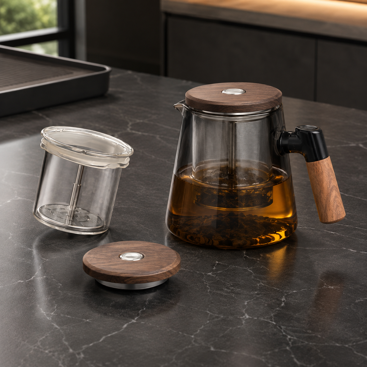 SAINT LAWRENCE Traditional Borosilicate Glass Teapot with Infuser, 650ml Tea Press with Walnut Handle