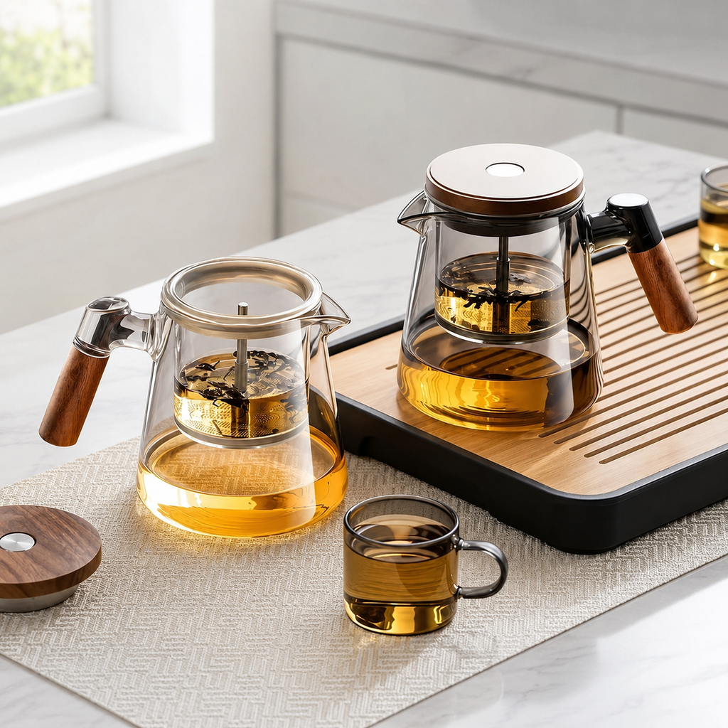 SAINT LAWRENCE Traditional Borosilicate Glass Teapot with Infuser, 650ml Tea Press with Walnut Handle