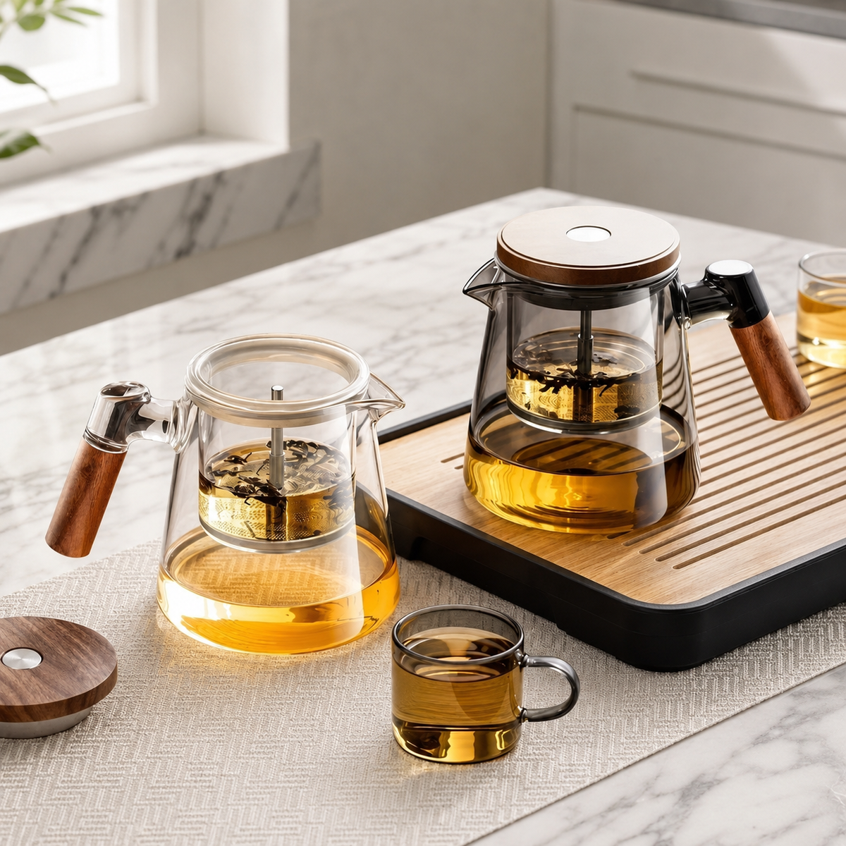 SAINT LAWRENCE Traditional Borosilicate Glass Teapot with Infuser, 650ml Tea Press with Walnut Handle
