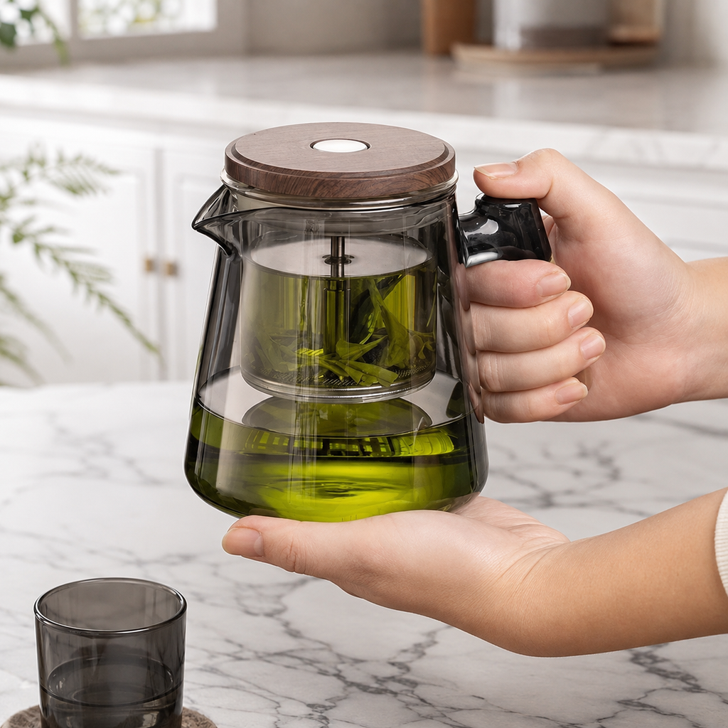 SAINT LAWRENCE Traditional Borosilicate Glass Teapot with Infuser, 650ml Tea Press with Walnut Handle