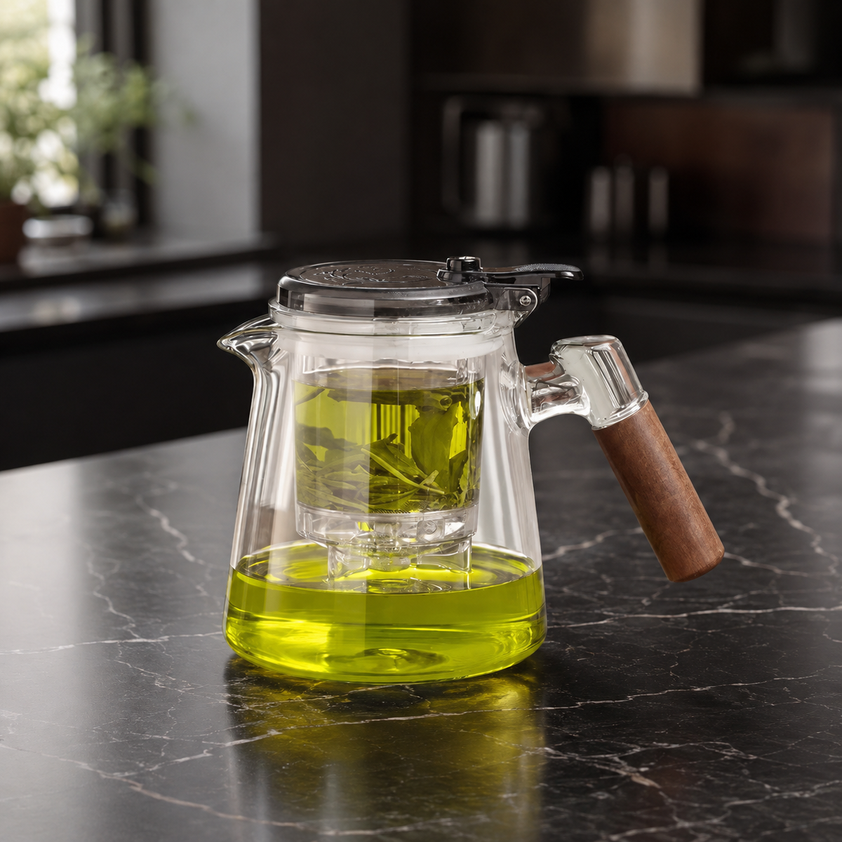 SAINT LAWRENCE Traditional Borosilicate Glass Teapot with Infuser, 650ml Tea Press with Walnut Handle