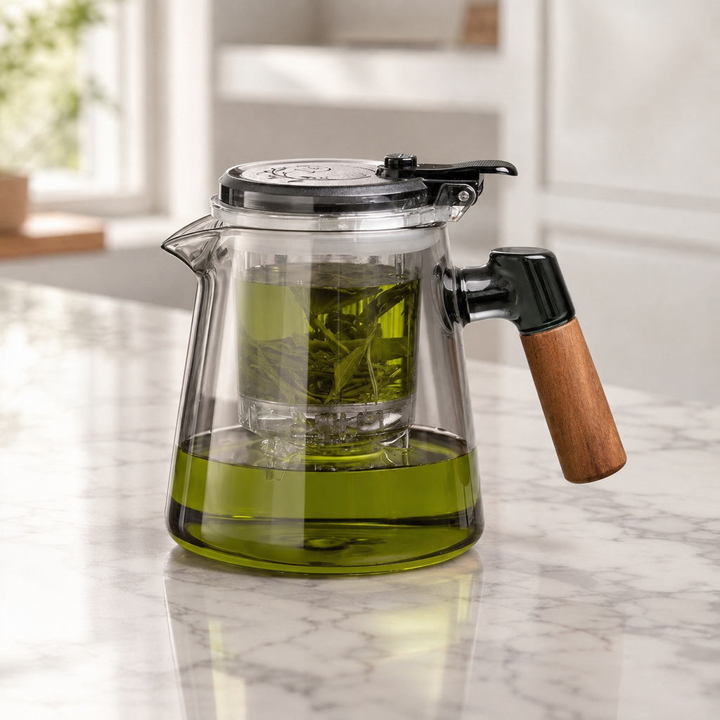 SAINT LAWRENCE Traditional Borosilicate Glass Teapot with Infuser, 650ml Tea Press with Walnut Handle