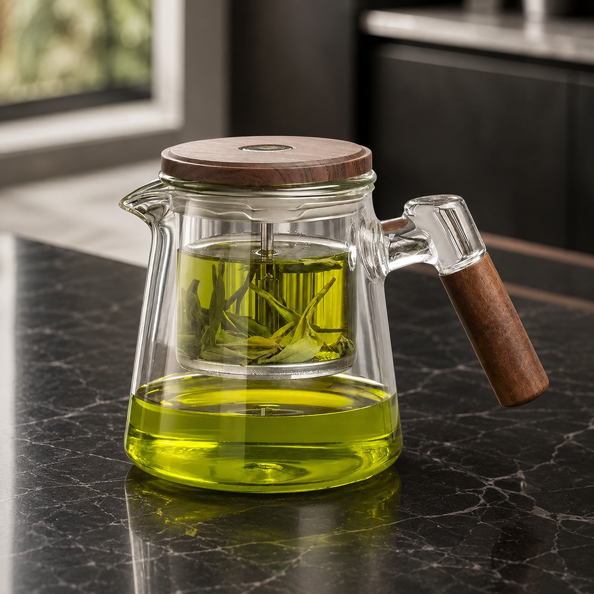 SAINT LAWRENCE Traditional Borosilicate Glass Teapot with Infuser, 650ml Tea Press with Walnut Handle