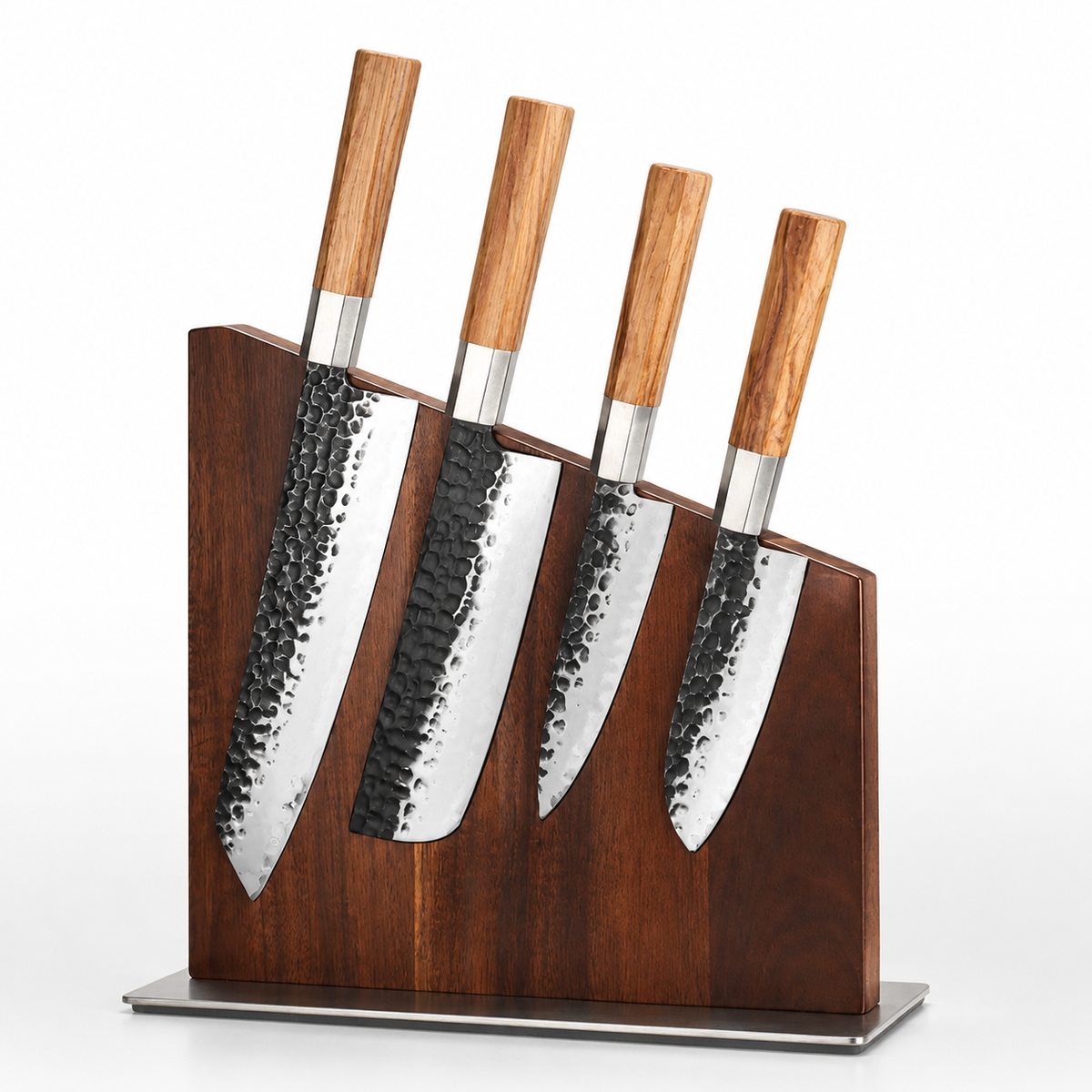 SAINT LAWRENCE Magnetic Knife Holder – No-Drill Walnut Wood Block with Stainless Steel Base