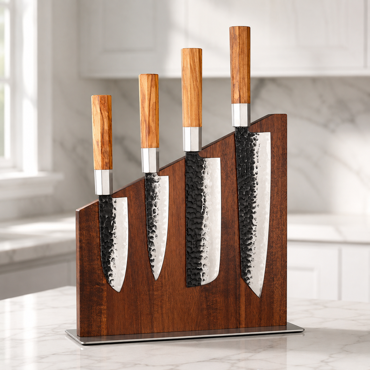 SAINT LAWRENCE Magnetic Knife Holder – No-Drill Walnut Wood Block with Stainless Steel Base