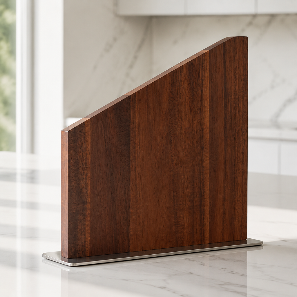 SAINT LAWRENCE Magnetic Knife Holder – No-Drill Walnut Wood Block with Stainless Steel Base