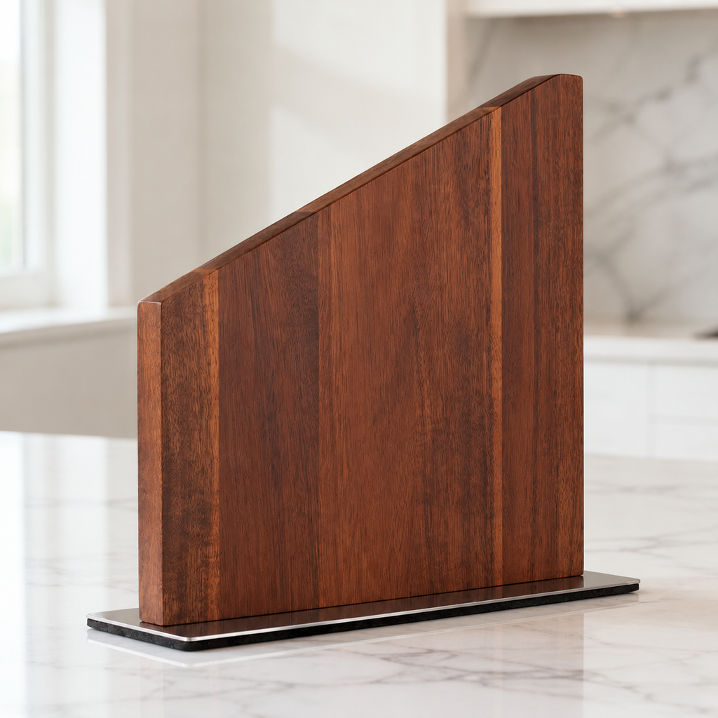 SAINT LAWRENCE Magnetic Knife Holder – No-Drill Walnut Wood Block with Stainless Steel Base
