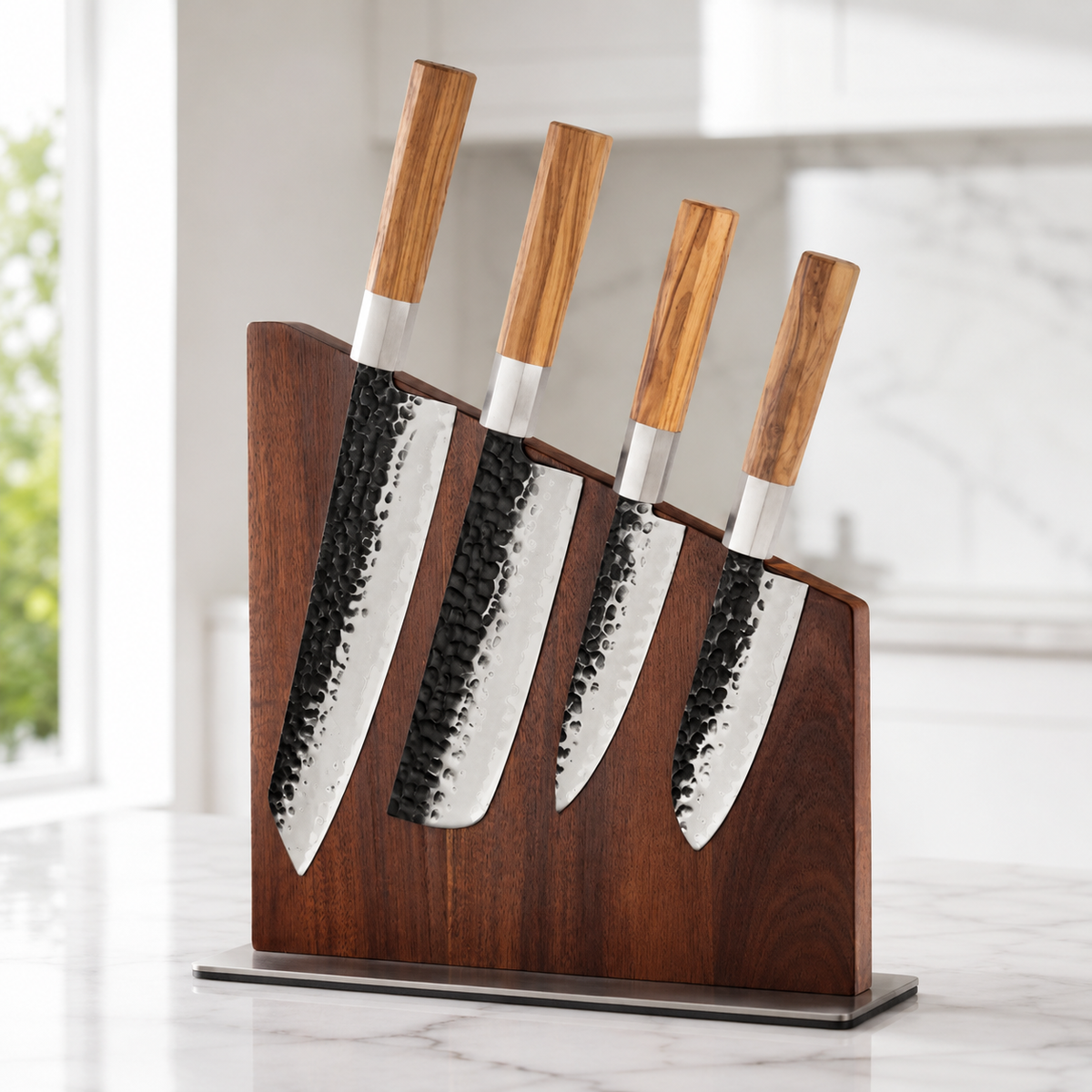 SAINT LAWRENCE Magnetic Knife Holder – No-Drill Walnut Wood Block with Stainless Steel Base