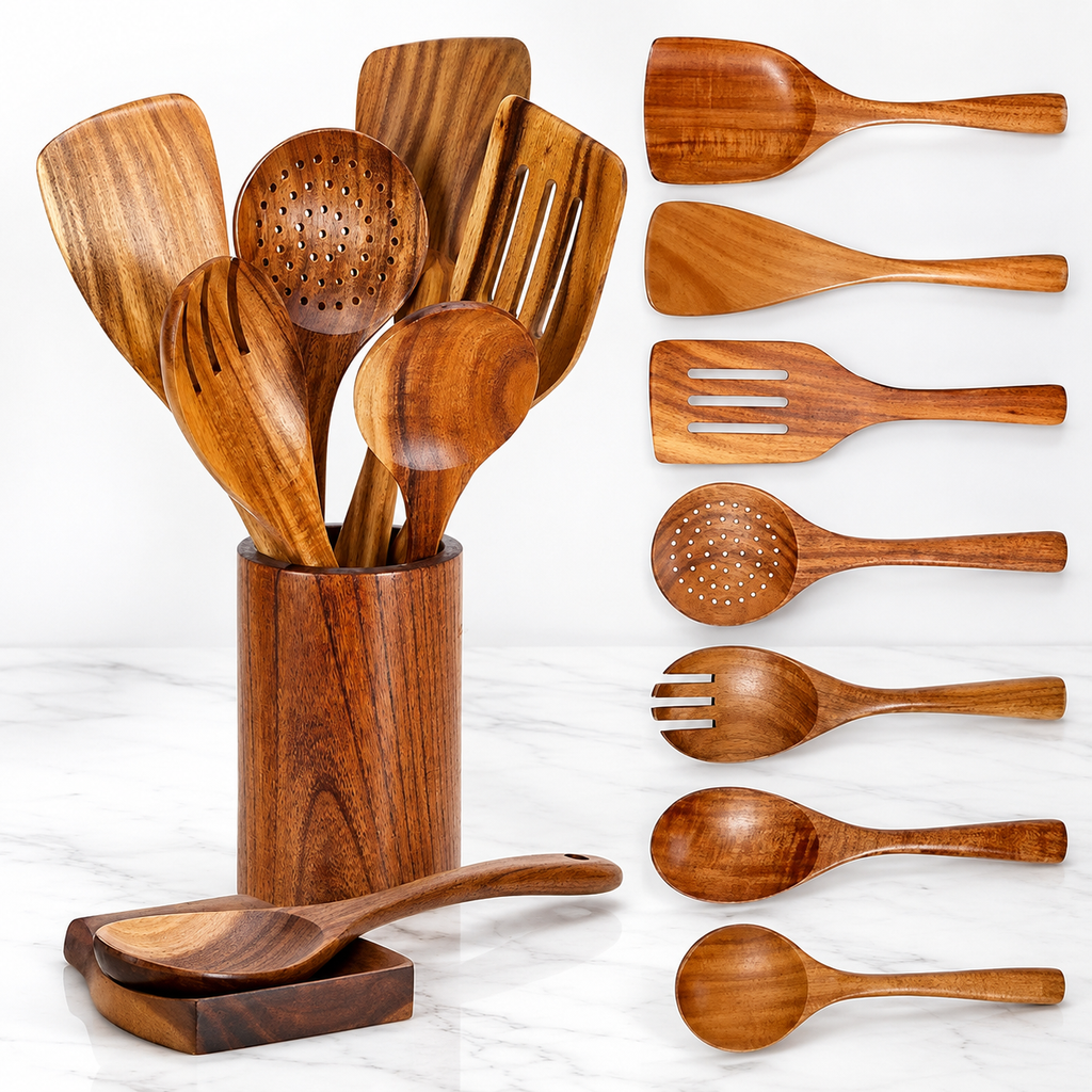 SAINT LAWRENCE Acacia Wood Kitchen Utensil Set — Non-Toxic Wooden Spatula, Spoon & Ladle Set