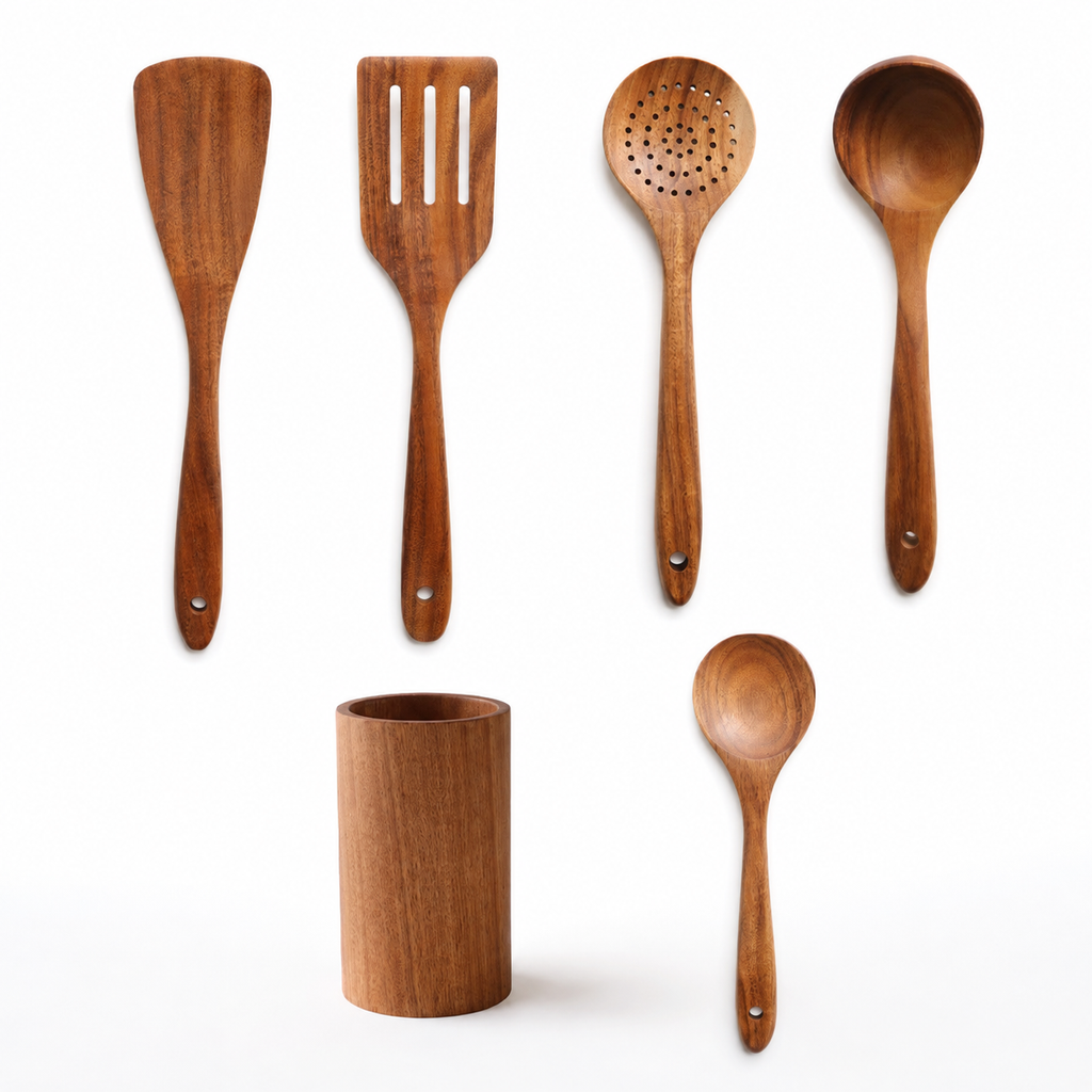 SAINT LAWRENCE Acacia Wood Kitchen Utensil Set — Non-Toxic Wooden Spatula, Spoon & Ladle Set