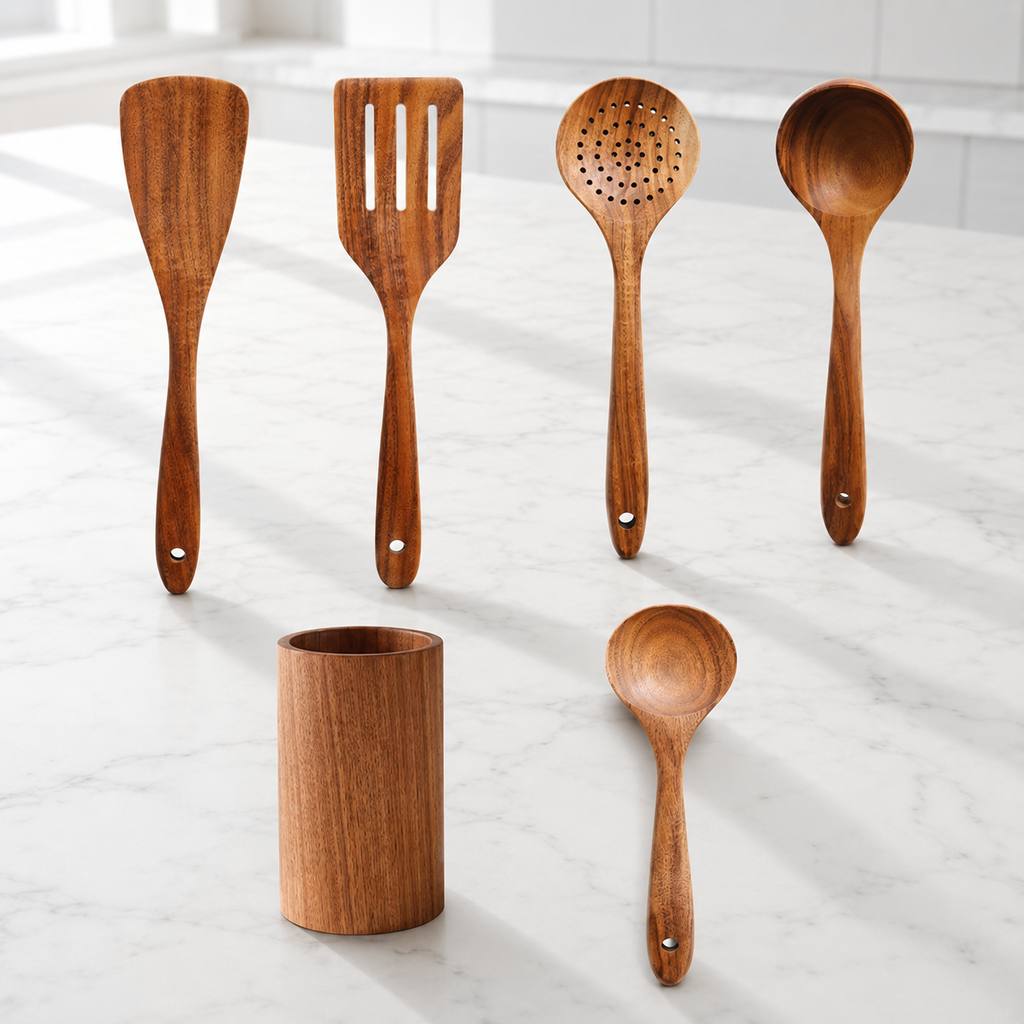 SAINT LAWRENCE Acacia Wood Kitchen Utensil Set — Non-Toxic Wooden Spatula, Spoon & Ladle Set