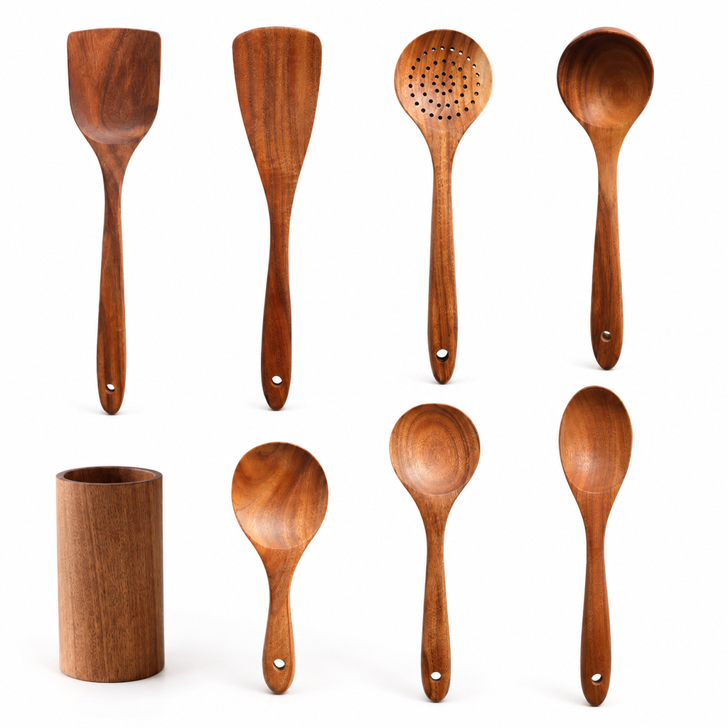 SAINT LAWRENCE Acacia Wood Kitchen Utensil Set — Non-Toxic Wooden Spatula, Spoon & Ladle Set