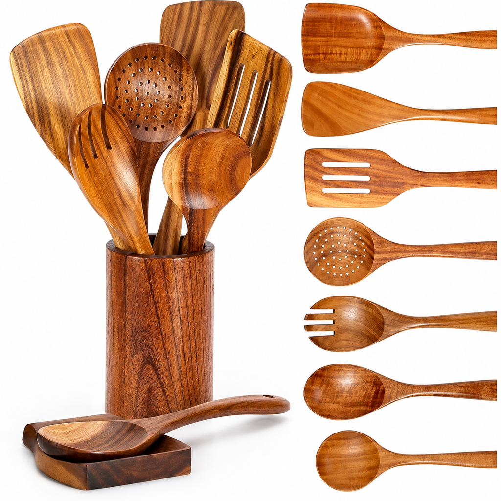 SAINT LAWRENCE Acacia Wood Kitchen Utensil Set — Non-Toxic Wooden Spatula, Spoon & Ladle Set