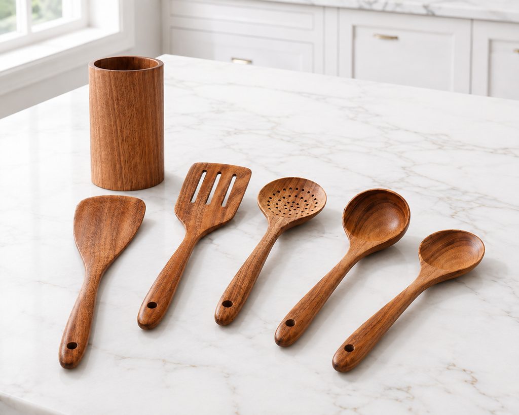 SAINT LAWRENCE Acacia Wood Kitchen Utensil Set — Non-Toxic Wooden Spatula, Spoon & Ladle Set