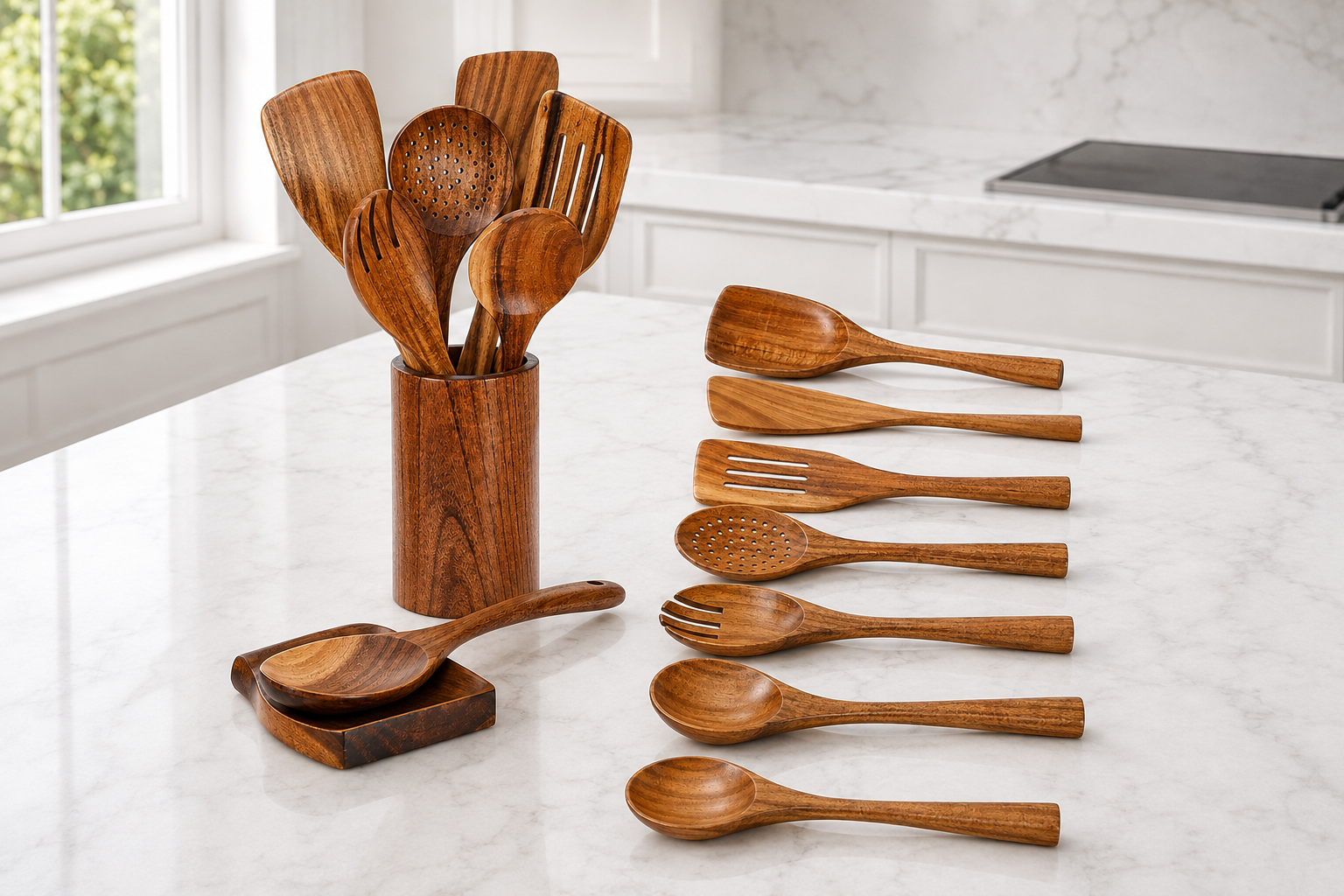 SAINT LAWRENCE Acacia Wood Kitchen Utensil Set — Non-Toxic Wooden Spatula, Spoon & Ladle Set