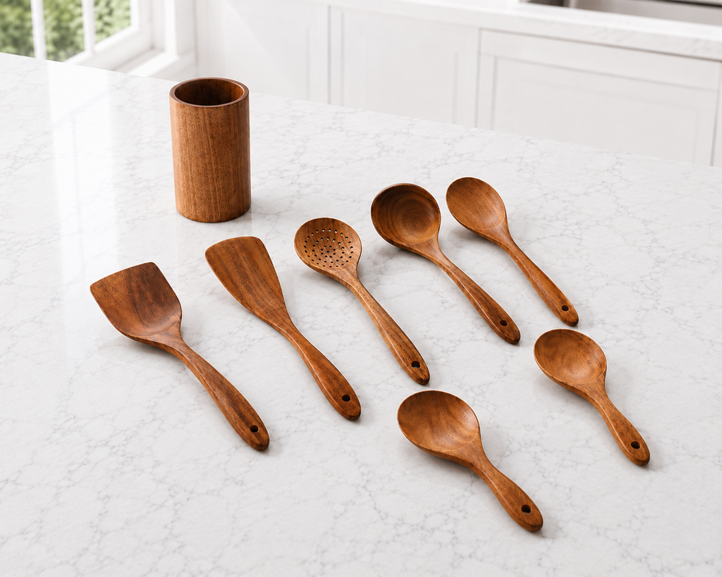 SAINT LAWRENCE Acacia Wood Kitchen Utensil Set — Non-Toxic Wooden Spatula, Spoon & Ladle Set