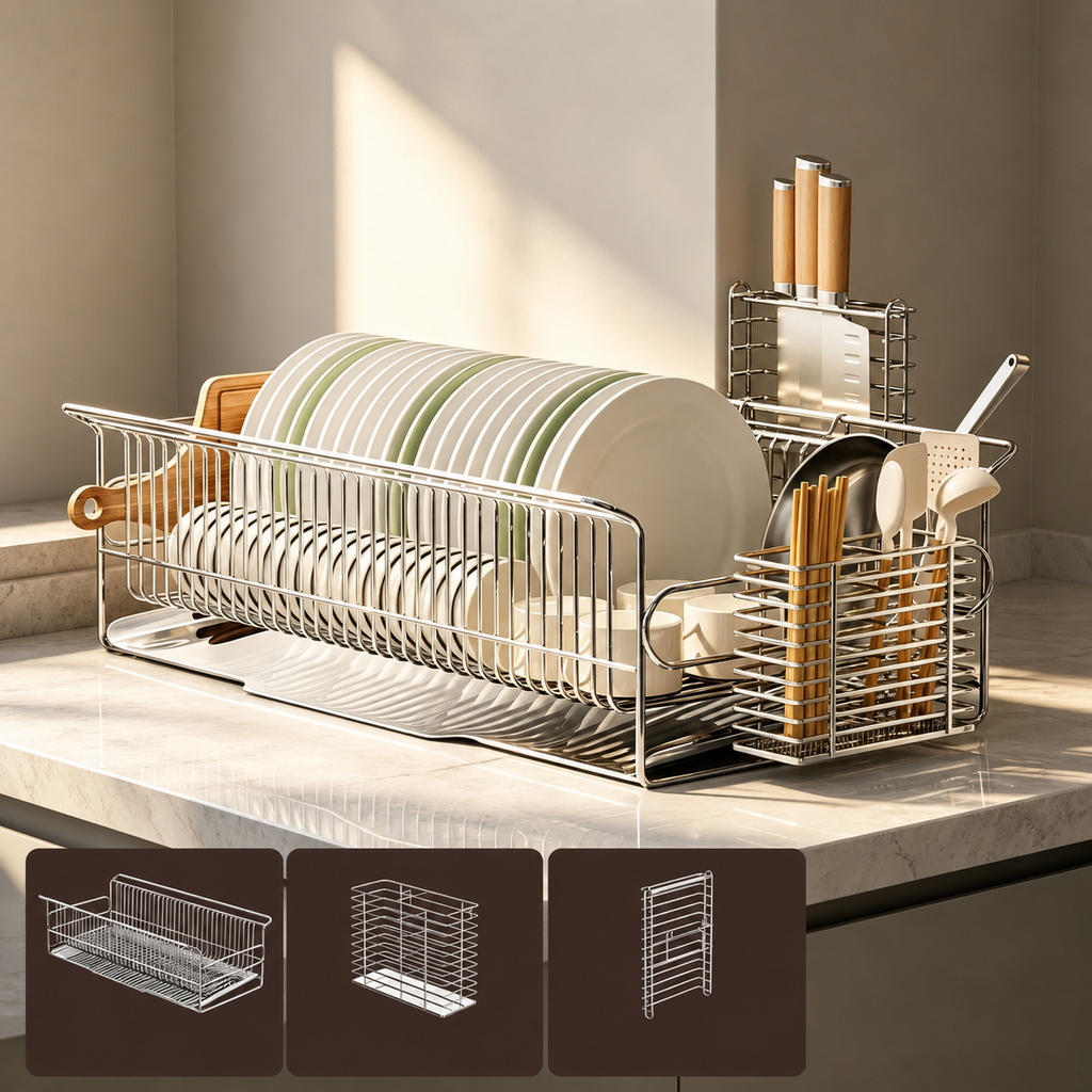SAINT LAWRENCE Stainless Steel Dish Rack with Utensil Holder, Knife Block & Cutting Board Organizer – Large Countertop Kitchen Drainer
