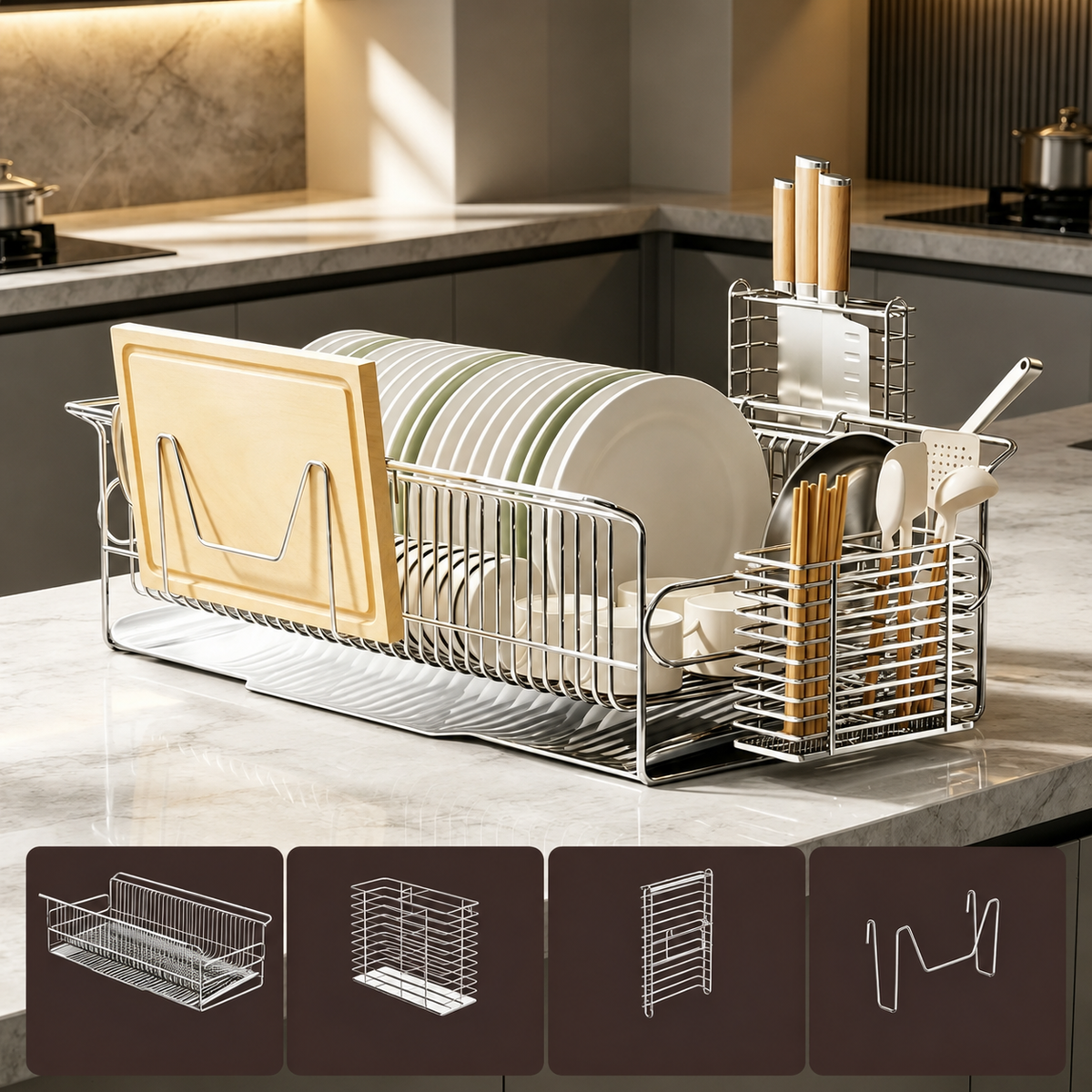 SAINT LAWRENCE Stainless Steel Dish Rack with Utensil Holder, Knife Block & Cutting Board Organizer – Large Countertop Kitchen Drainer