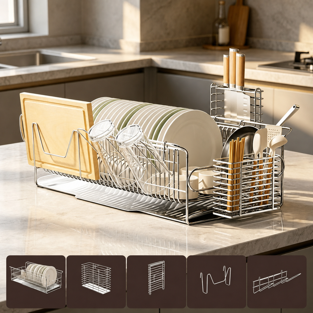 SAINT LAWRENCE Stainless Steel Dish Rack with Utensil Holder, Knife Block & Cutting Board Organizer – Large Countertop Kitchen Drainer