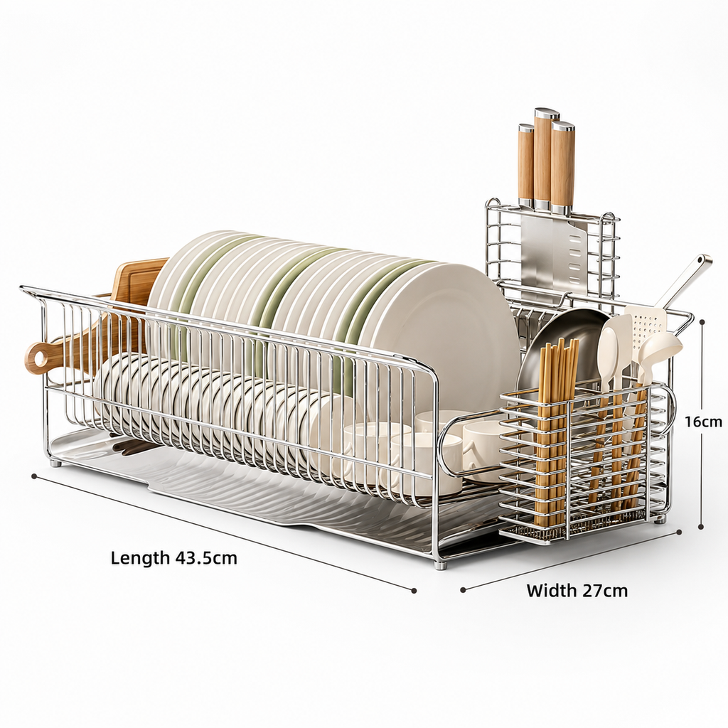 SAINT LAWRENCE Stainless Steel Dish Rack with Utensil Holder, Knife Block & Cutting Board Organizer – Large Countertop Kitchen Drainer
