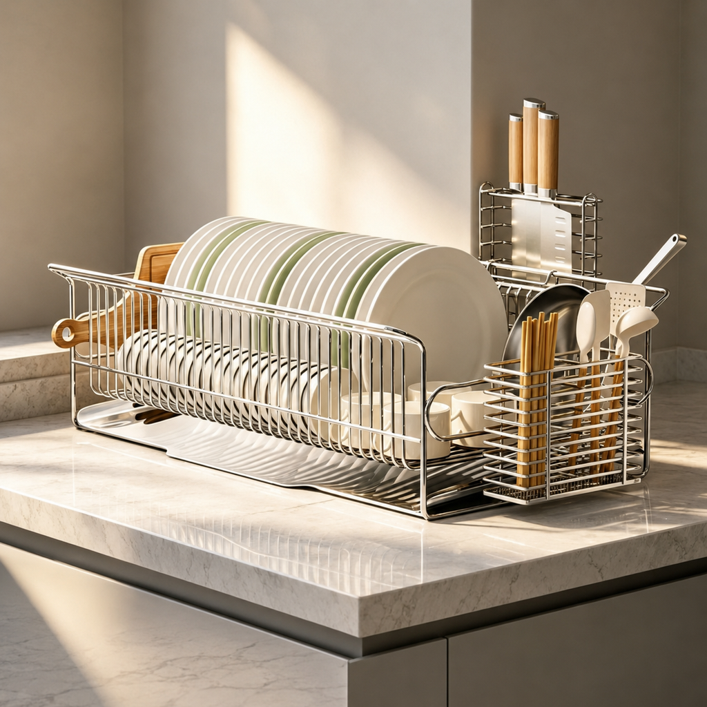 SAINT LAWRENCE Stainless Steel Dish Rack with Utensil Holder, Knife Block & Cutting Board Organizer – Large Countertop Kitchen Drainer