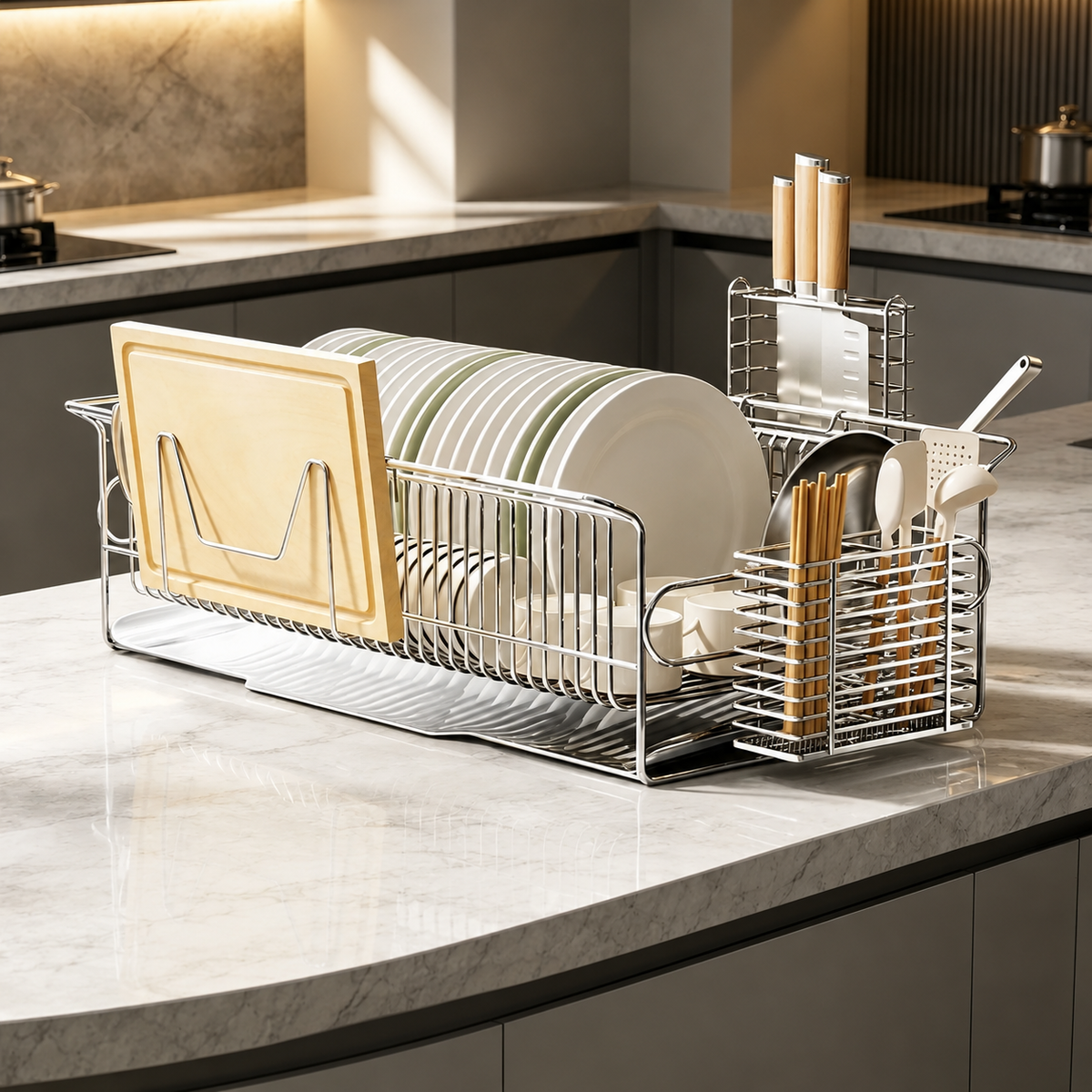 SAINT LAWRENCE Stainless Steel Dish Rack with Utensil Holder, Knife Block & Cutting Board Organizer – Large Countertop Kitchen Drainer