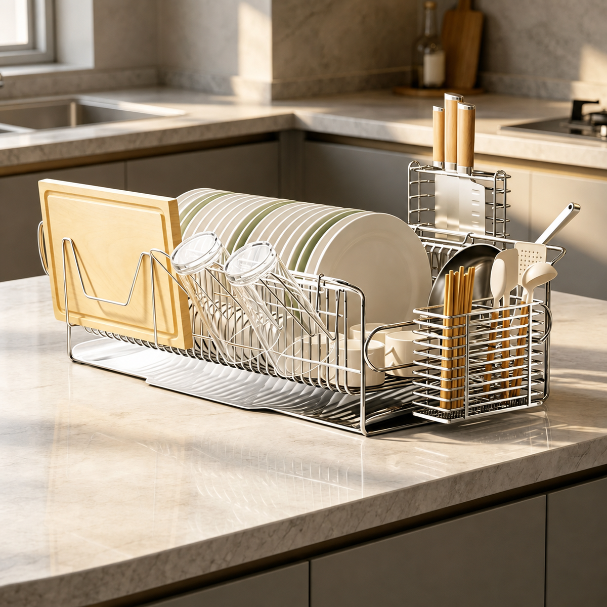 SAINT LAWRENCE Stainless Steel Dish Rack with Utensil Holder, Knife Block & Cutting Board Organizer – Large Countertop Kitchen Drainer