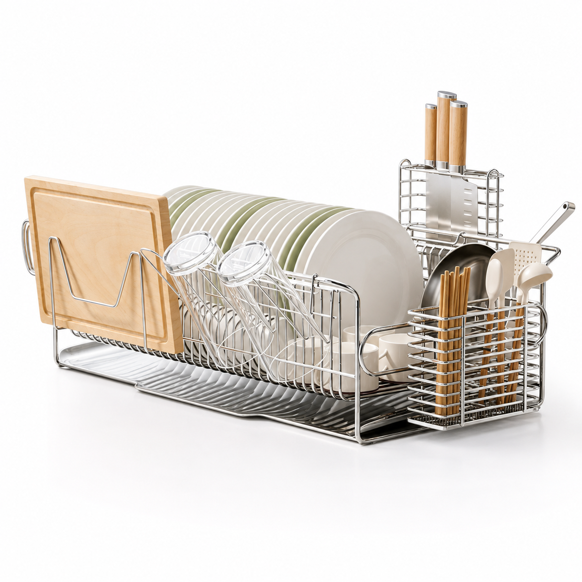 SAINT LAWRENCE Stainless Steel Dish Rack with Utensil Holder, Knife Block & Cutting Board Organizer – Large Countertop Kitchen Drainer