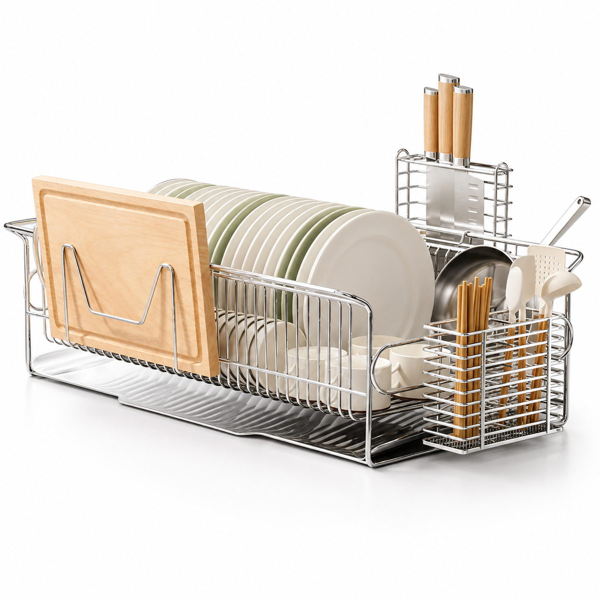 SAINT LAWRENCE Stainless Steel Dish Rack with Utensil Holder, Knife Block & Cutting Board Organizer – Large Countertop Kitchen Drainer
