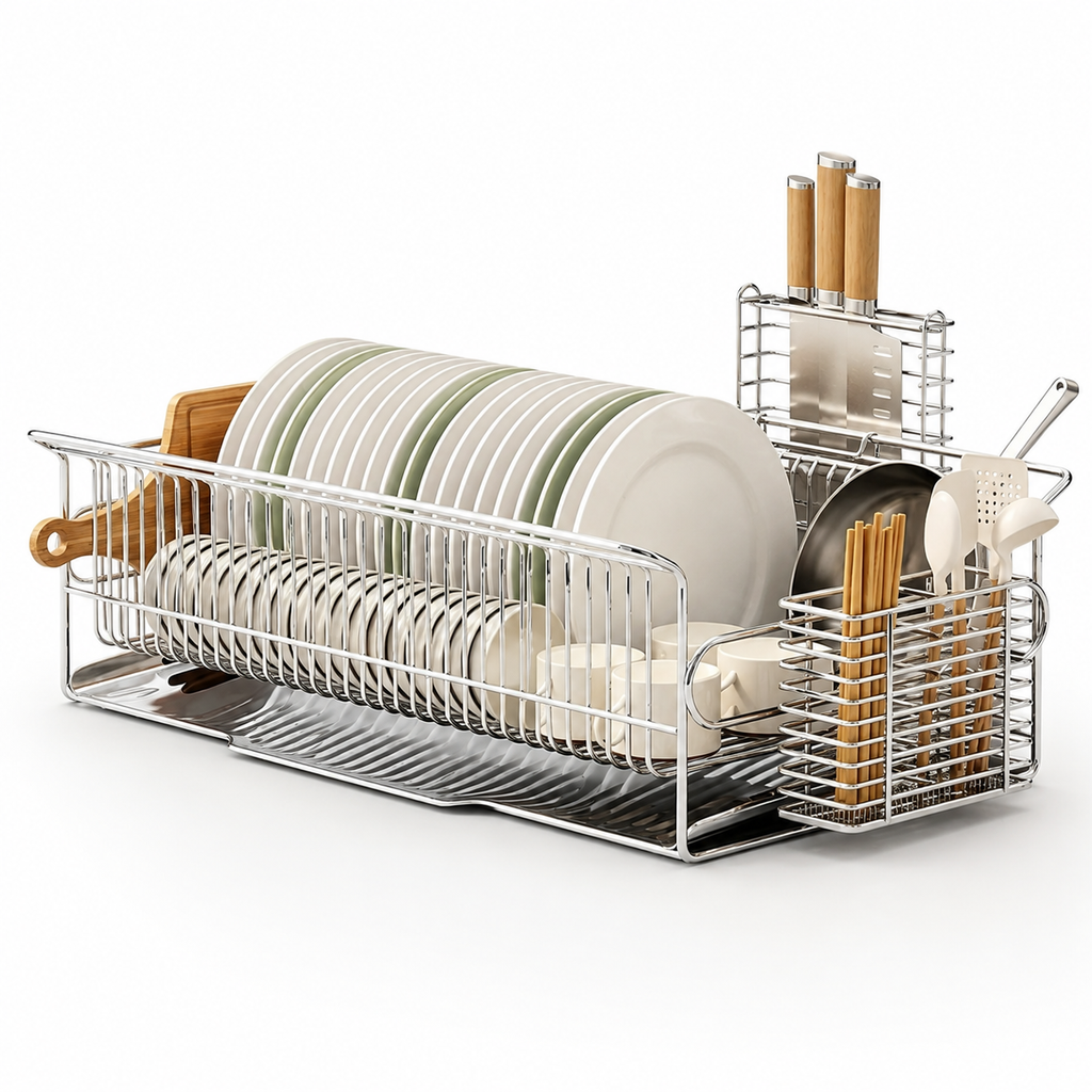 SAINT LAWRENCE Stainless Steel Dish Rack with Utensil Holder, Knife Block & Cutting Board Organizer – Large Countertop Kitchen Drainer