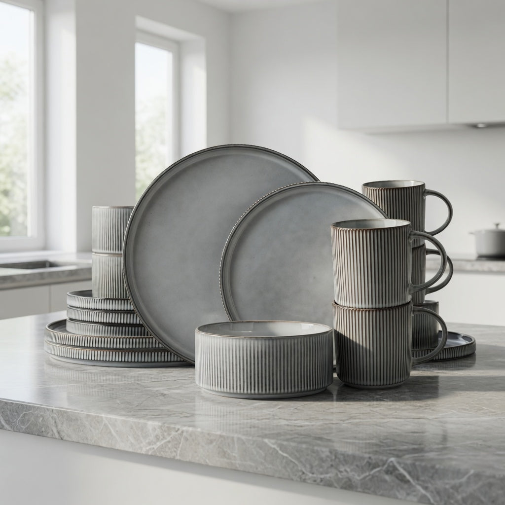 SAINT LAWRENCE 16-Piece Non-toxic Ceramic Dinnerware Set - Ribbed Vintage Style