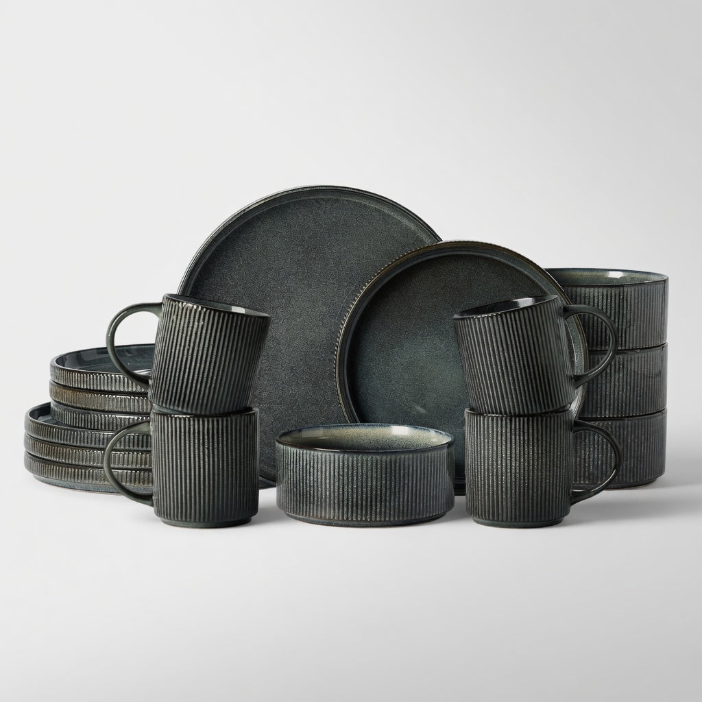 SAINT LAWRENCE 16-Piece Non-toxic Ceramic Dinnerware Set - Ribbed Vintage Style