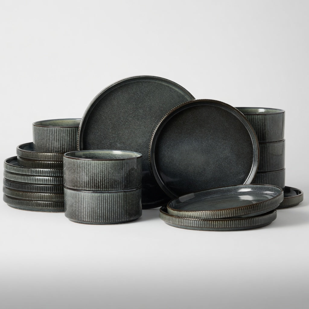 SAINT LAWRENCE 18-Piece Non-toxic Ceramic Dinnerware Set - Ribbed Vintage Style