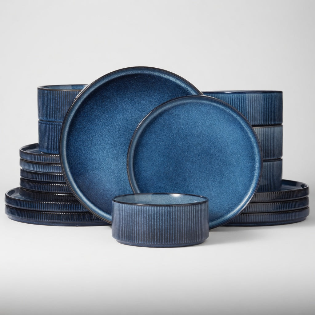 SAINT LAWRENCE 18-Piece Non-toxic Ceramic Dinnerware Set - Ribbed Vintage Style