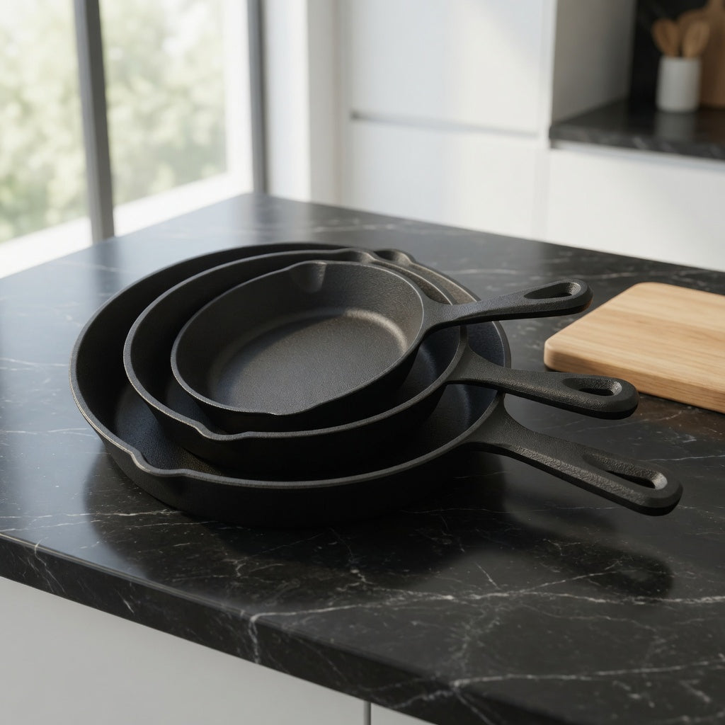 SAINT LAWRENCE 3-Piece Raw Cast Iron Skillet Set - 16cm, 20cm & 25cm Pre-Seasoned Uncoated Non-stick Frying Pans