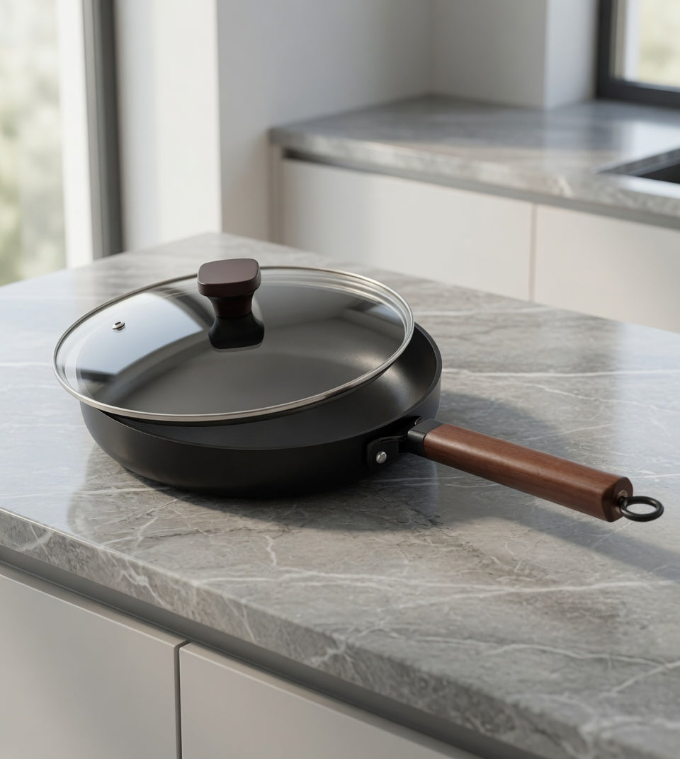 SAINT LAWRENCE Non-Stick Cast Iron Frying Pan & Lid with Wooden Handle