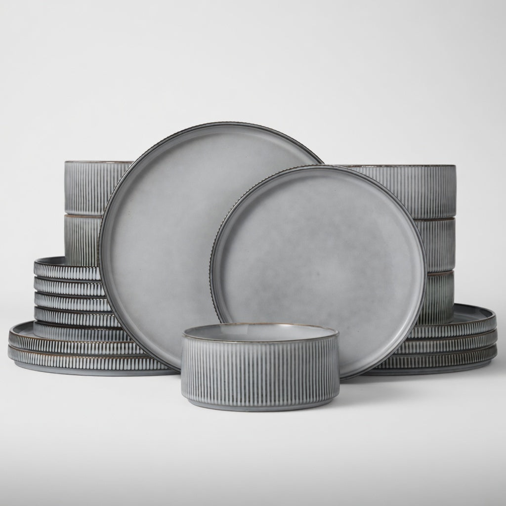 SAINT LAWRENCE 18-Piece Non-toxic Ceramic Dinnerware Set - Ribbed Vintage Style