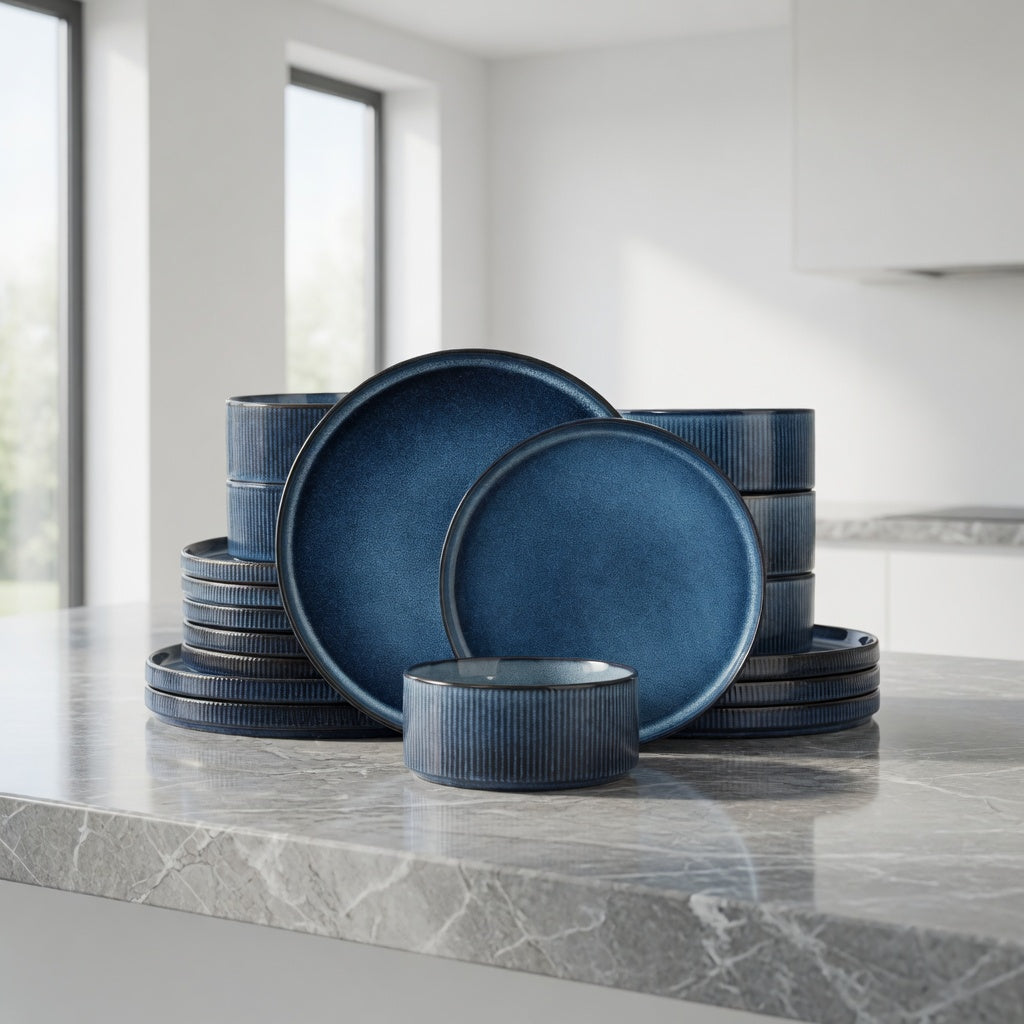 SAINT LAWRENCE 18-Piece Non-toxic Ceramic Dinnerware Set - Ribbed Vintage Style