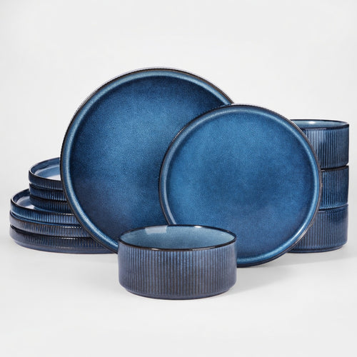 SAINT LAWRENCE 12-Piece Non-toxic Ceramic Dinnerware Set - Ribbed Vintage Style